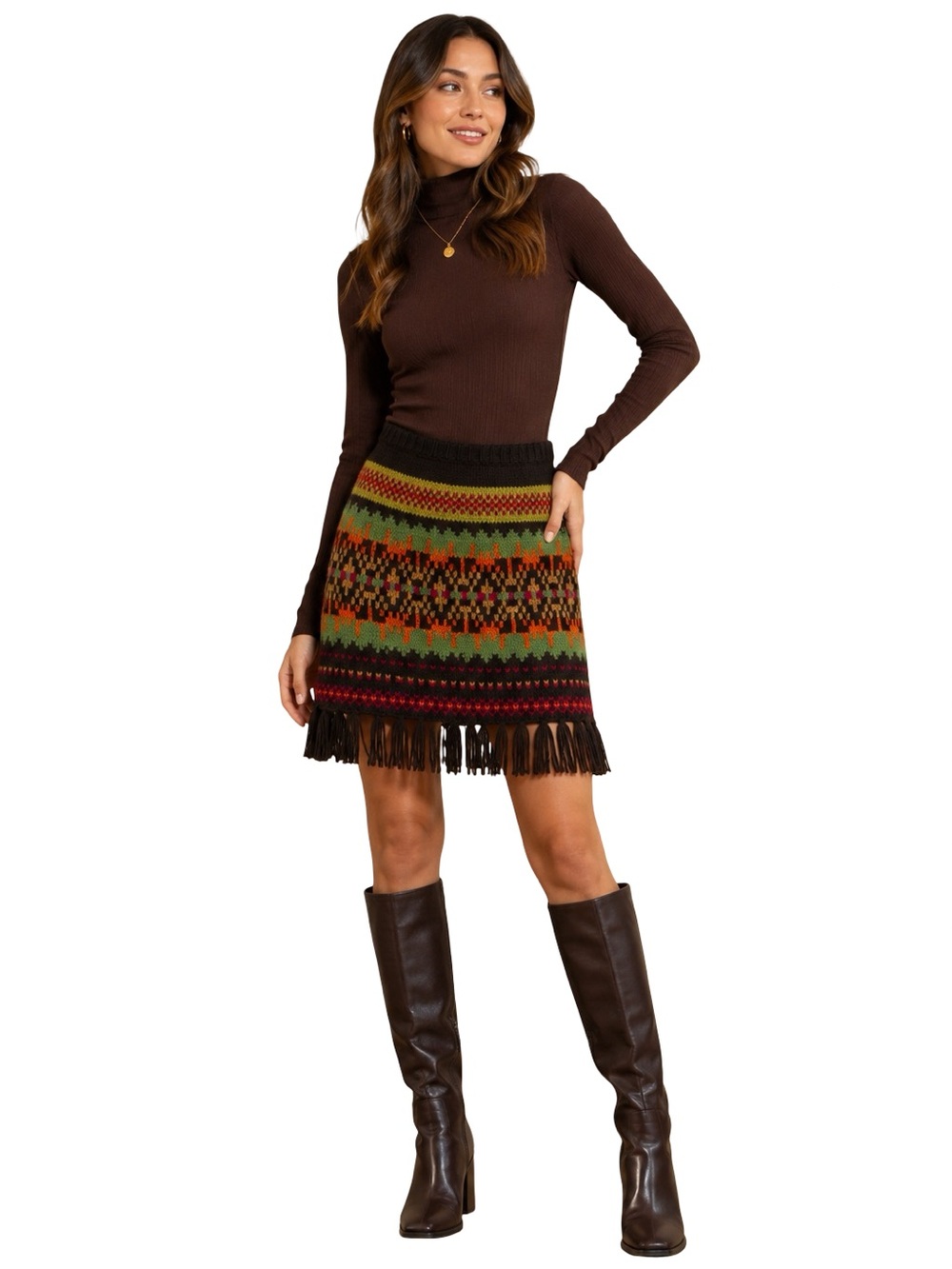 INC International Concepts Fair Isle Knit Fringe Skirt Wool Blend Boho Size L